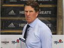 Head coach Mike Babcock of the Toronto Maple Leafs takes in the warm-up prior to action against the Boston Bruins in an NHL game at Scotiabank Arena on October 19, 2019 in Toronto, Ontario, Canada.