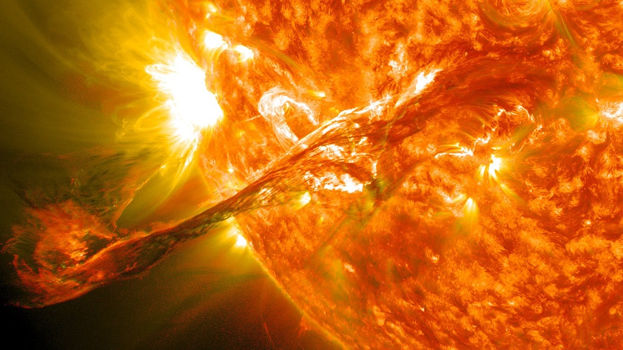 On August 31, 2012 a long filament of solar material that had been hovering in the sun's atmosphere, the corona, erupted out into space at 4:36 p.m. EDT. Flares like these can bathe the lunar surface in X-rays leading to X-ray fluorescence which helps to map the composition of the lunar surface (Credit : NASA)