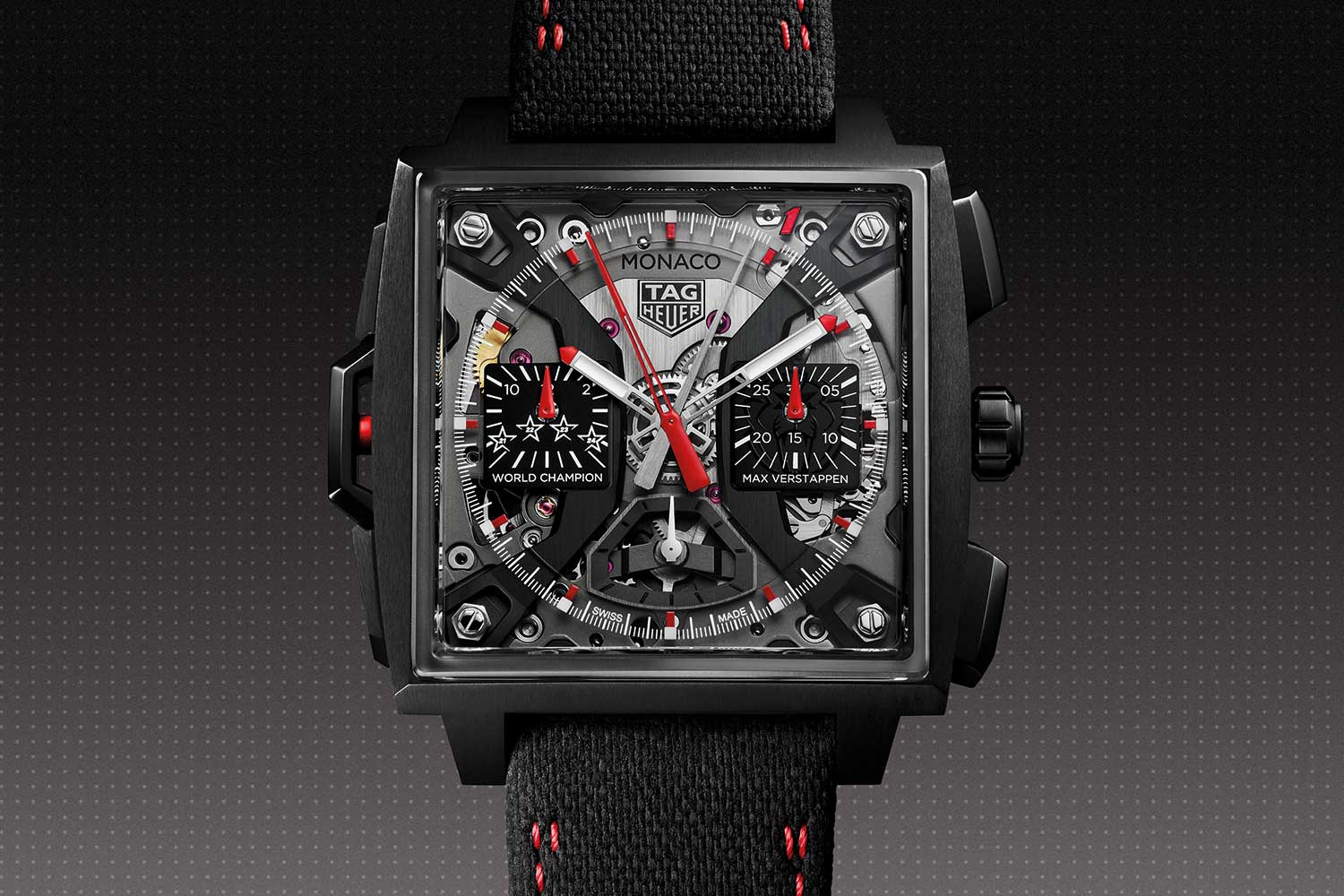 The customized TAG Heuer Monaco Split-Seconds Chronograph features four stars on the hour counter, one for each of his title wins