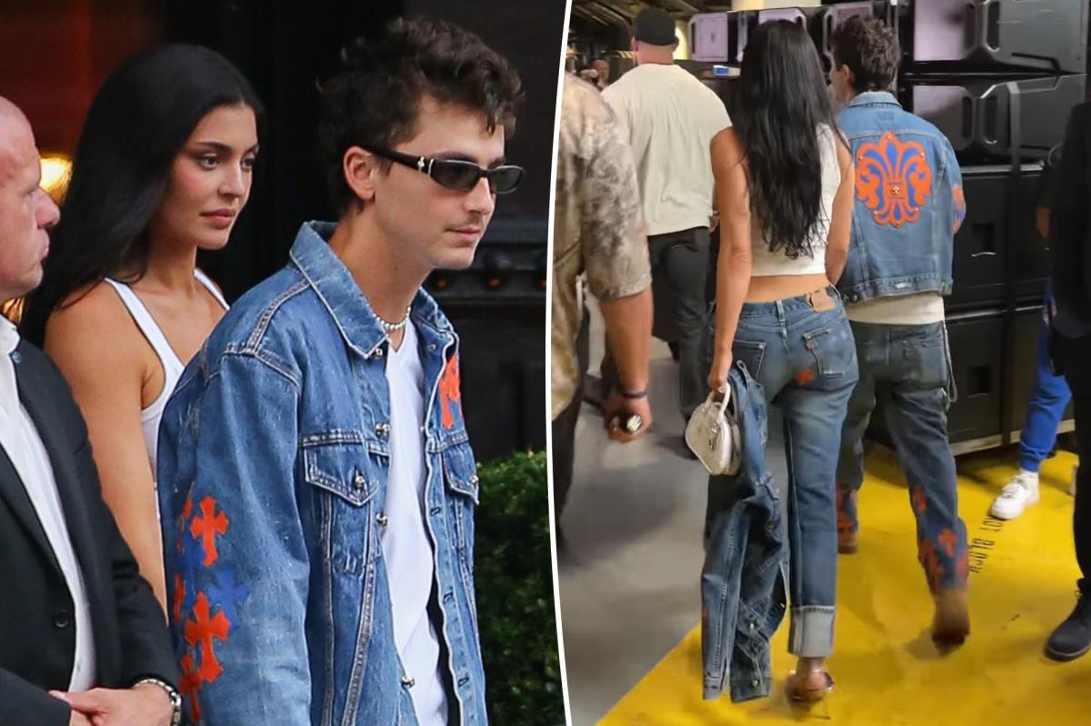 Kylie Jenner and Timothée Chalamet match in custom Knicks-themed denim for NBA Finals Game 4