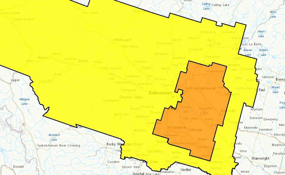 Rainfall warnings span most of central Alberta Saturday, June 20, 2026.