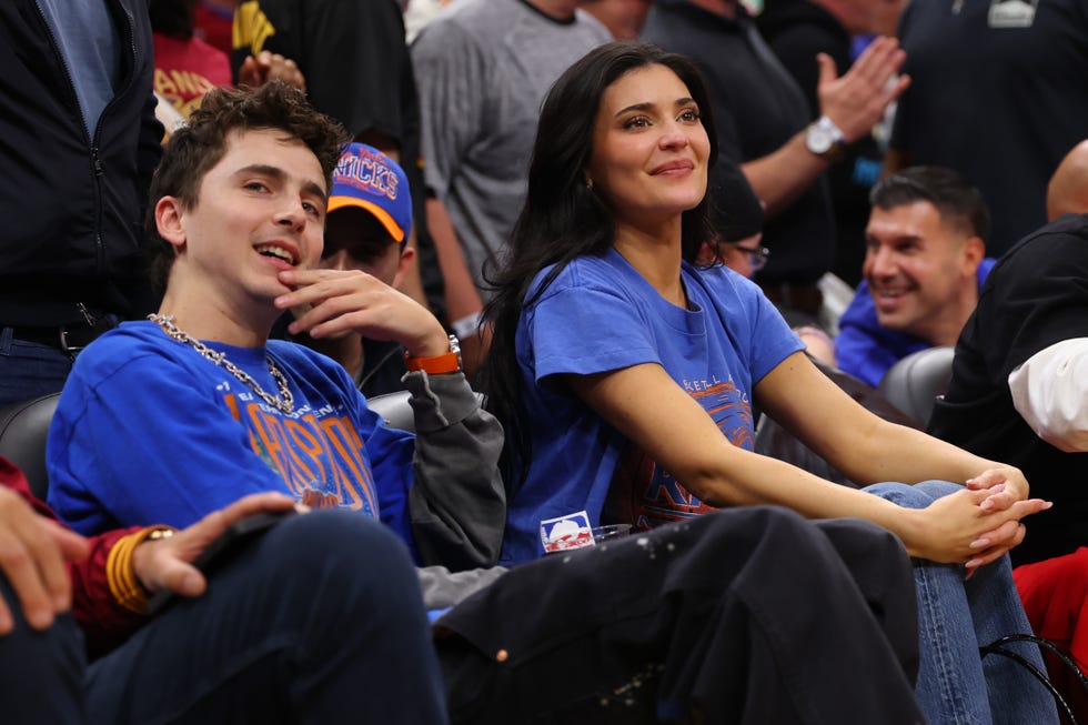 New York Knicks v Cleveland Cavaliers - Game Four Timothee Chalamet and Kylie Jenner at New York Knicks v Cleveland Cavaliers Game Four