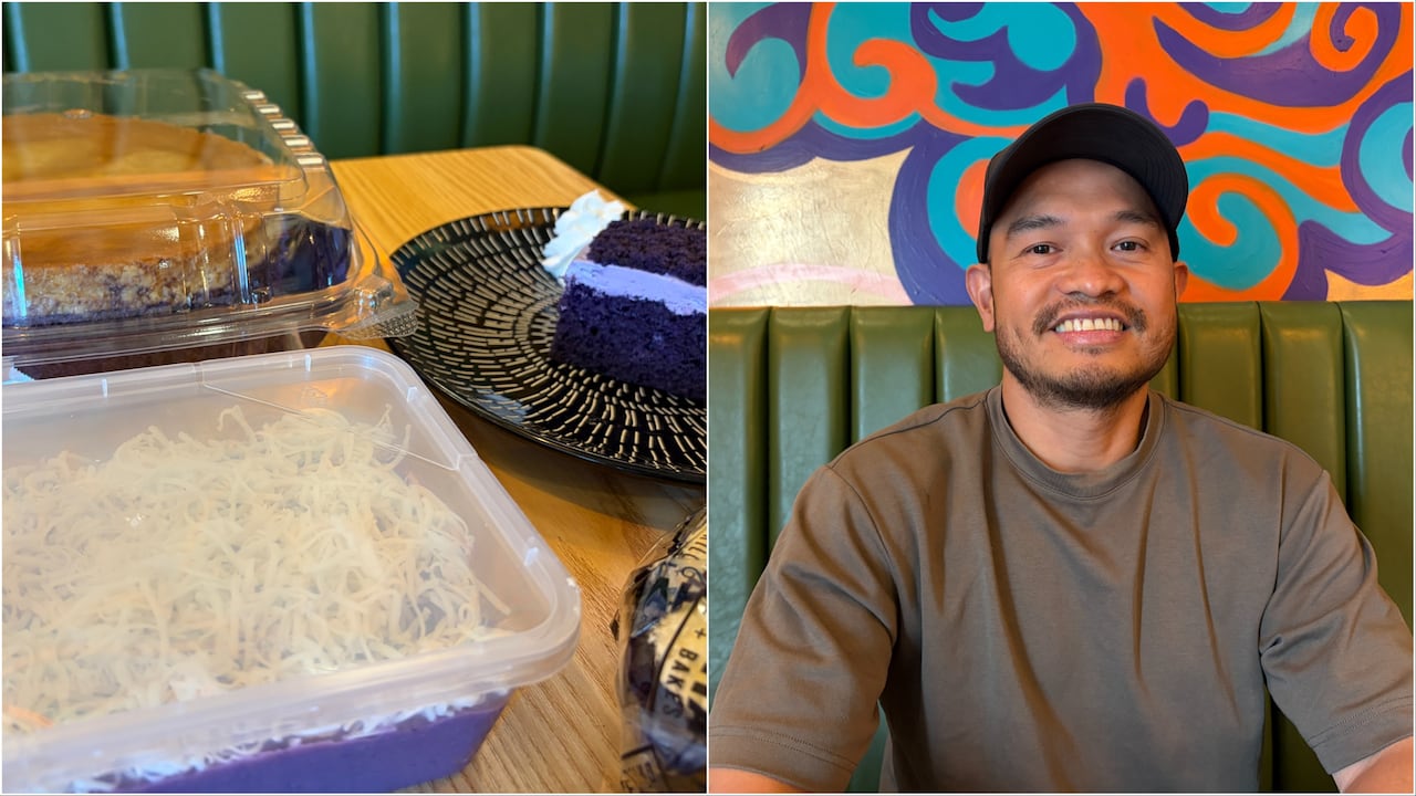A collage. To the left, several ube products (ube halaya, ube cheesecake, ube cake) and to the right, a man smiling at the camera.