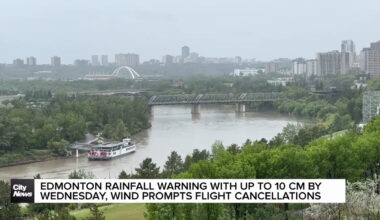 Edmonton rainfall warning with up to 10cm by Wednesday, wind prompts flight cancellations