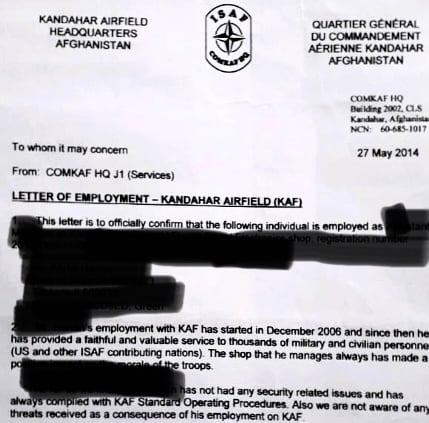 The image shows a letter attesting that an Afghan man worked with ISAF at the Kandahar Airfield beginning in 2006.