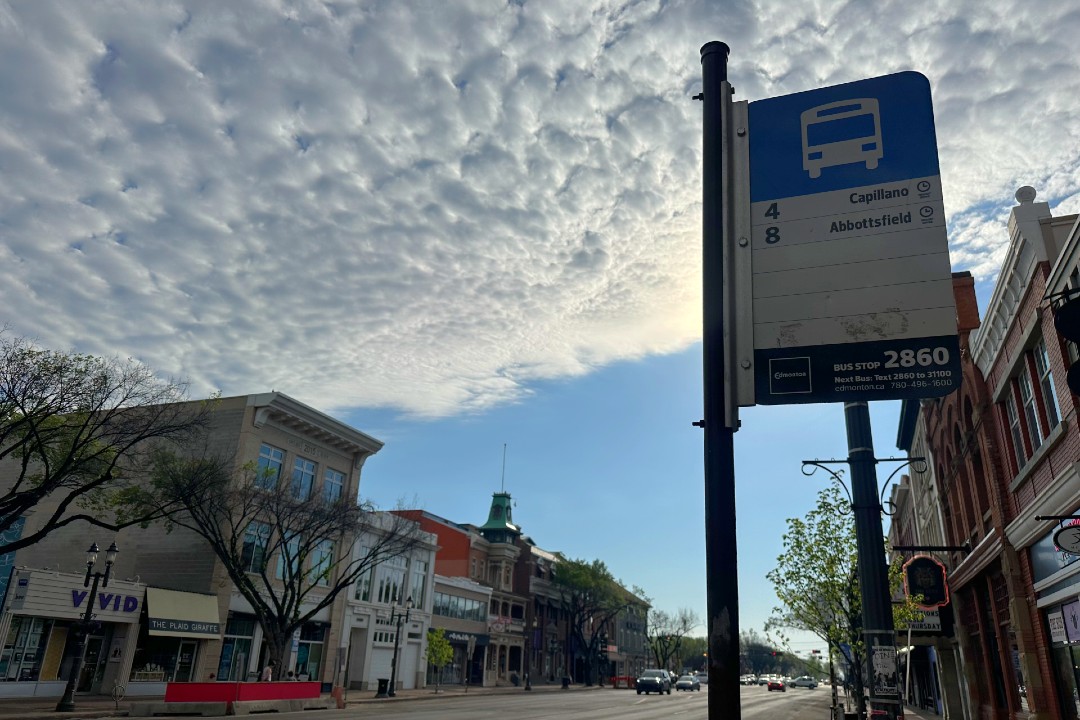 A bus stop sign on Whyte Avenue.