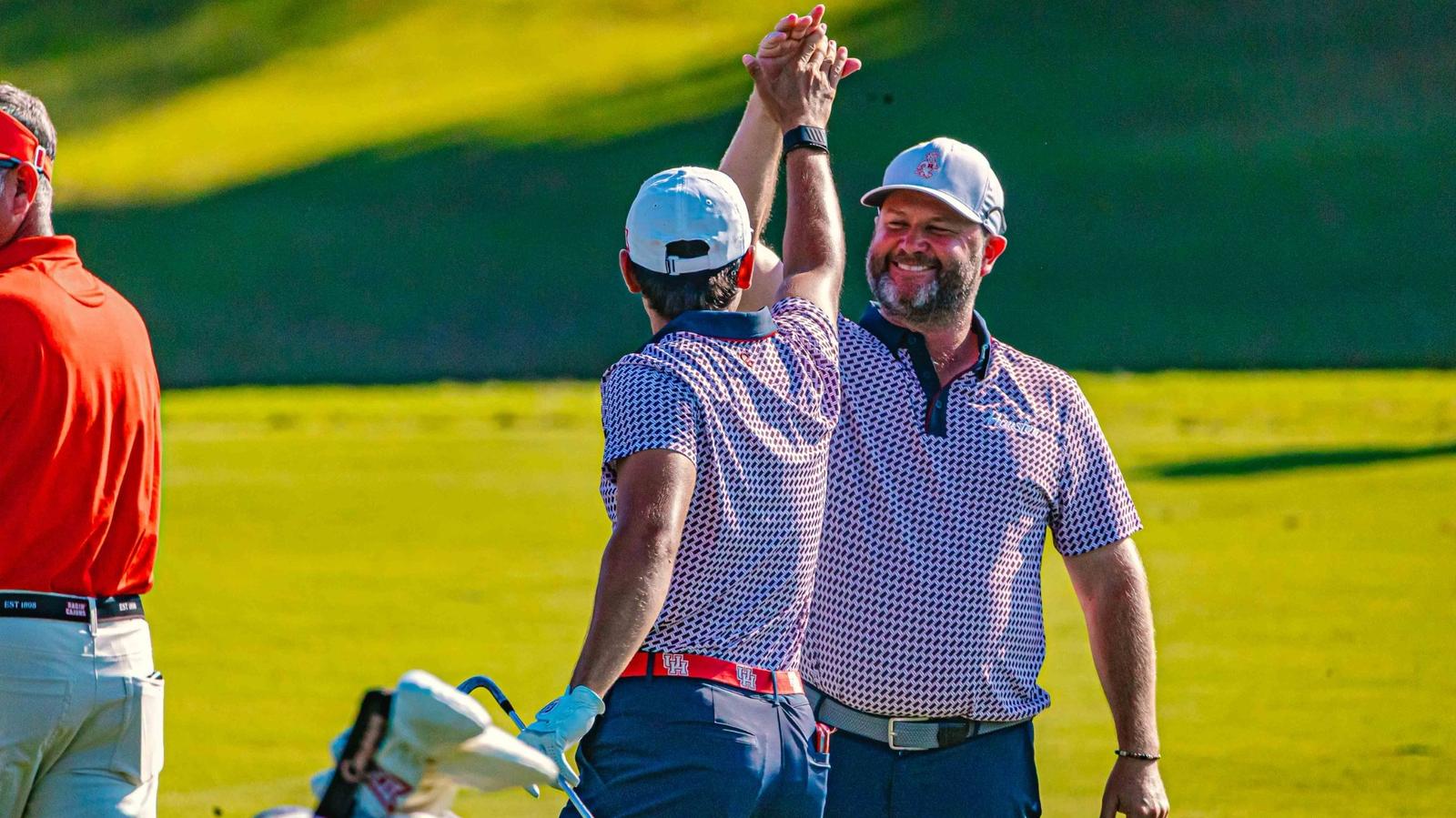 Hudson Weibel tees off during NCAA Bermuda Run Regional Final Round