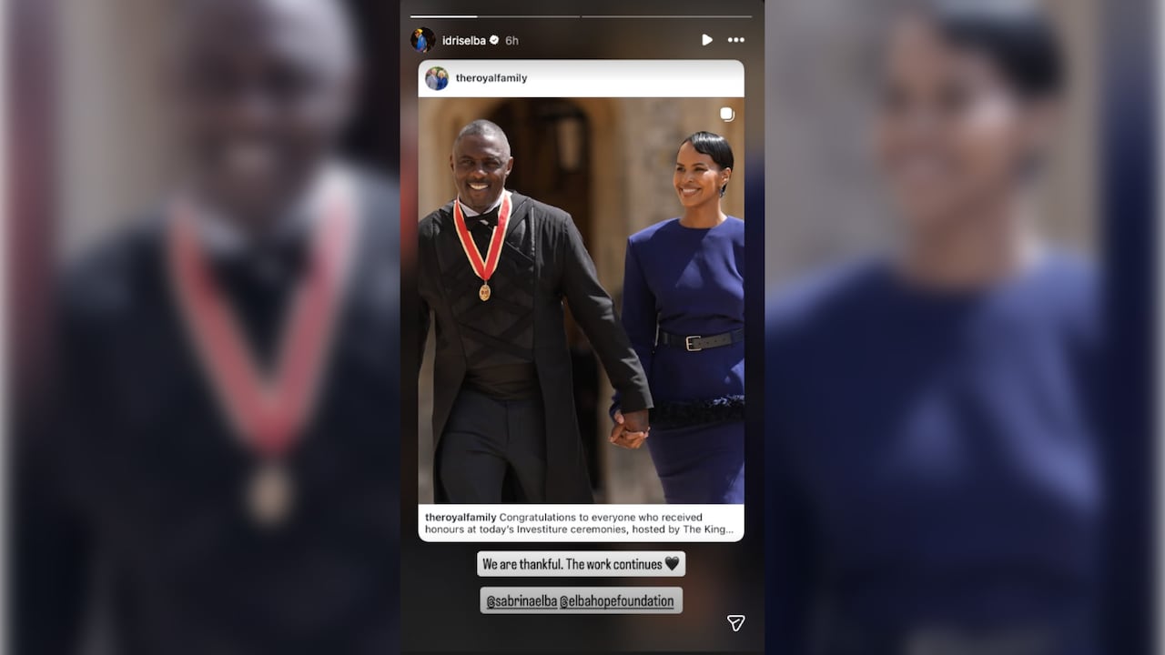 an instagram story with a photo of a Idris Elba and his wife holding hands and smiling, with the text "we are thankful, the work continues