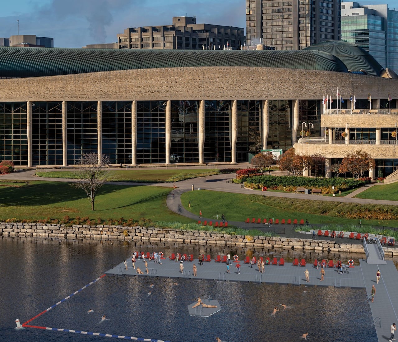 A rendering of a swimming area behind a museum in a city.