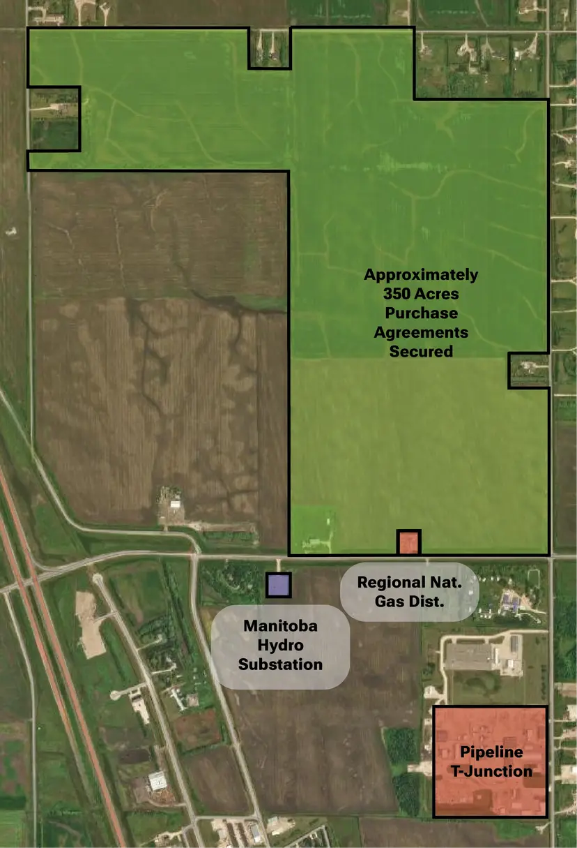 A map showing the proposed location for a data centre north of Ile des Chênes in Ritchot.