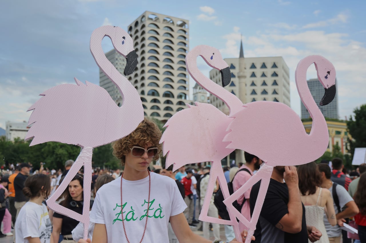 A protester in Tirana, Albania holds up pink, flamingo-shaped cutouts.