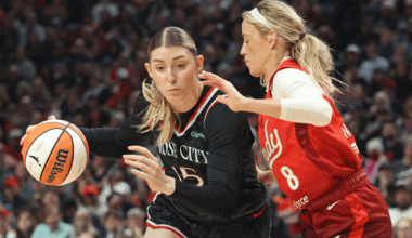 Portland Fire center Luisa Geiselsoder (15) drives to the basket against Indiana Fever guard Sophie Cunningham.