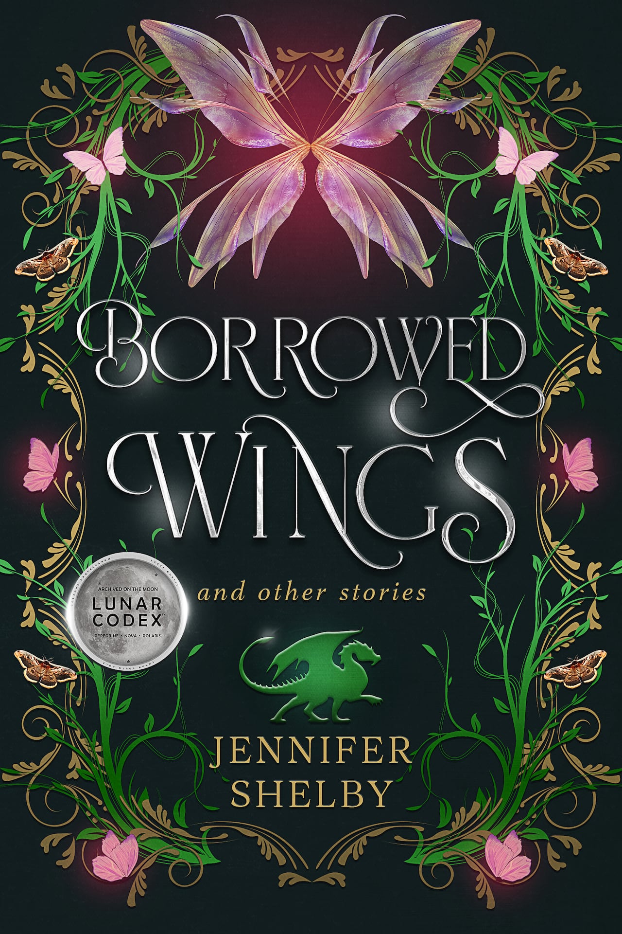 A book cover with moths, butterflies and vines says Borrowed Wings.