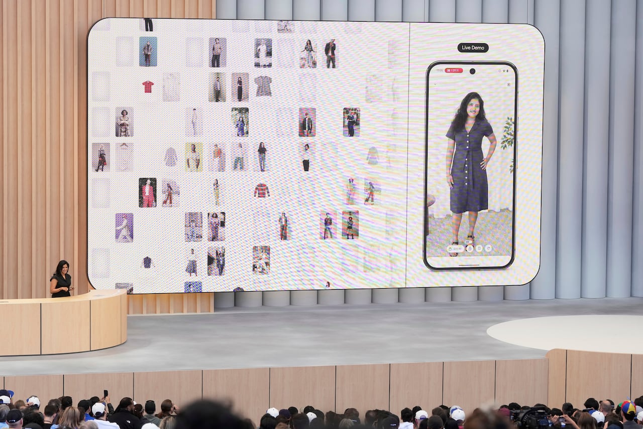 a woman in the lower left stands on stage giving a presentation, while a screen behind her displays an AI application that allows people to try on clothes virtually