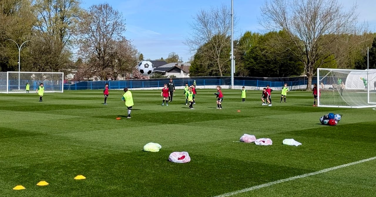 Members of the Killarney Youth Soccer Association play on the new FIFA venue specific training site at Killarney Park, April 2026.