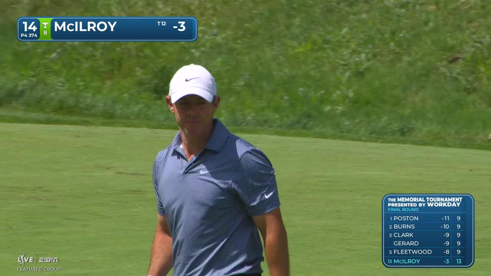 Rory McIlroy gets up-and-down from 116 yards for birdie on No. 14 at the Memorial