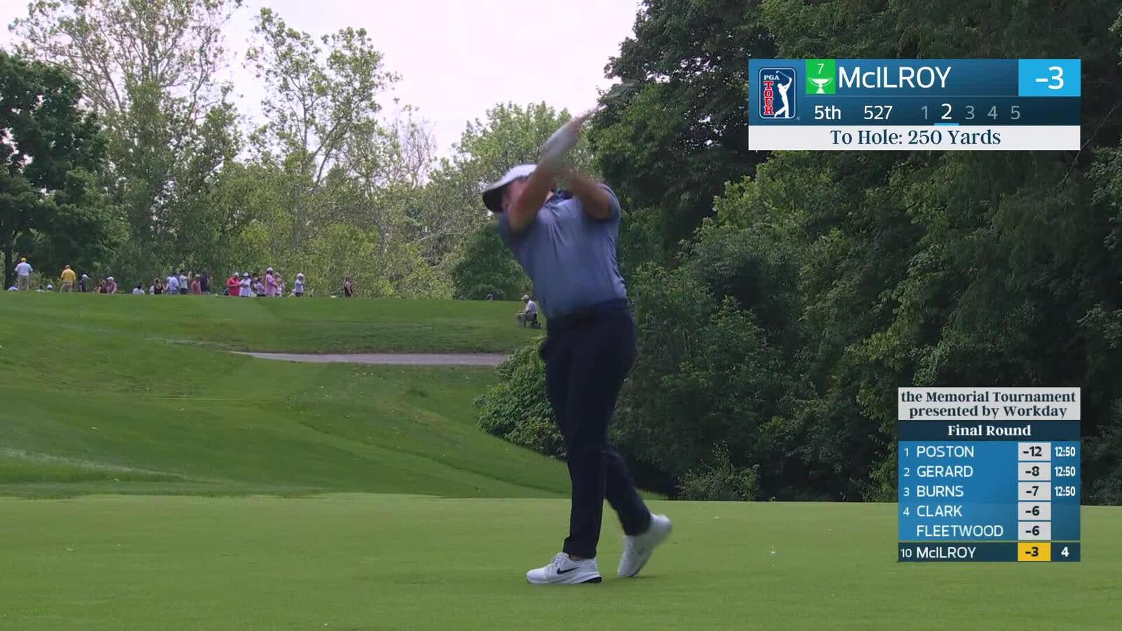 Rory McIlroy drains 22-inch putt for birdie on No. 5 at the Memorial