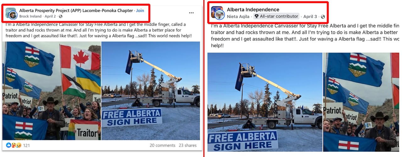 A comparison of two identical social media posts, from different accounts.
