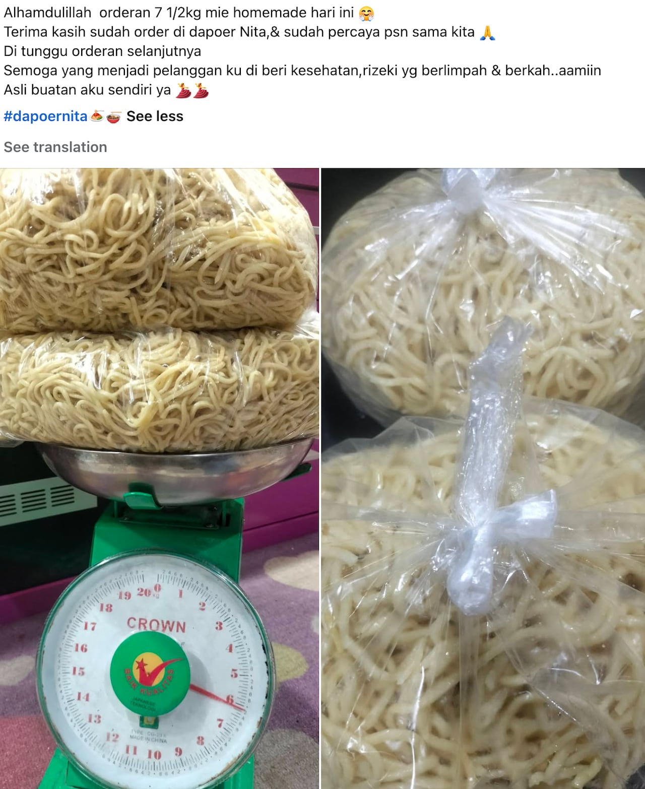 A social media post showing noodles.