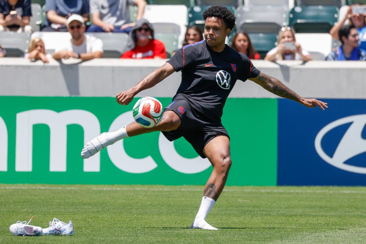U.S. men's soccer player Weston McKennie takes part in a training session at