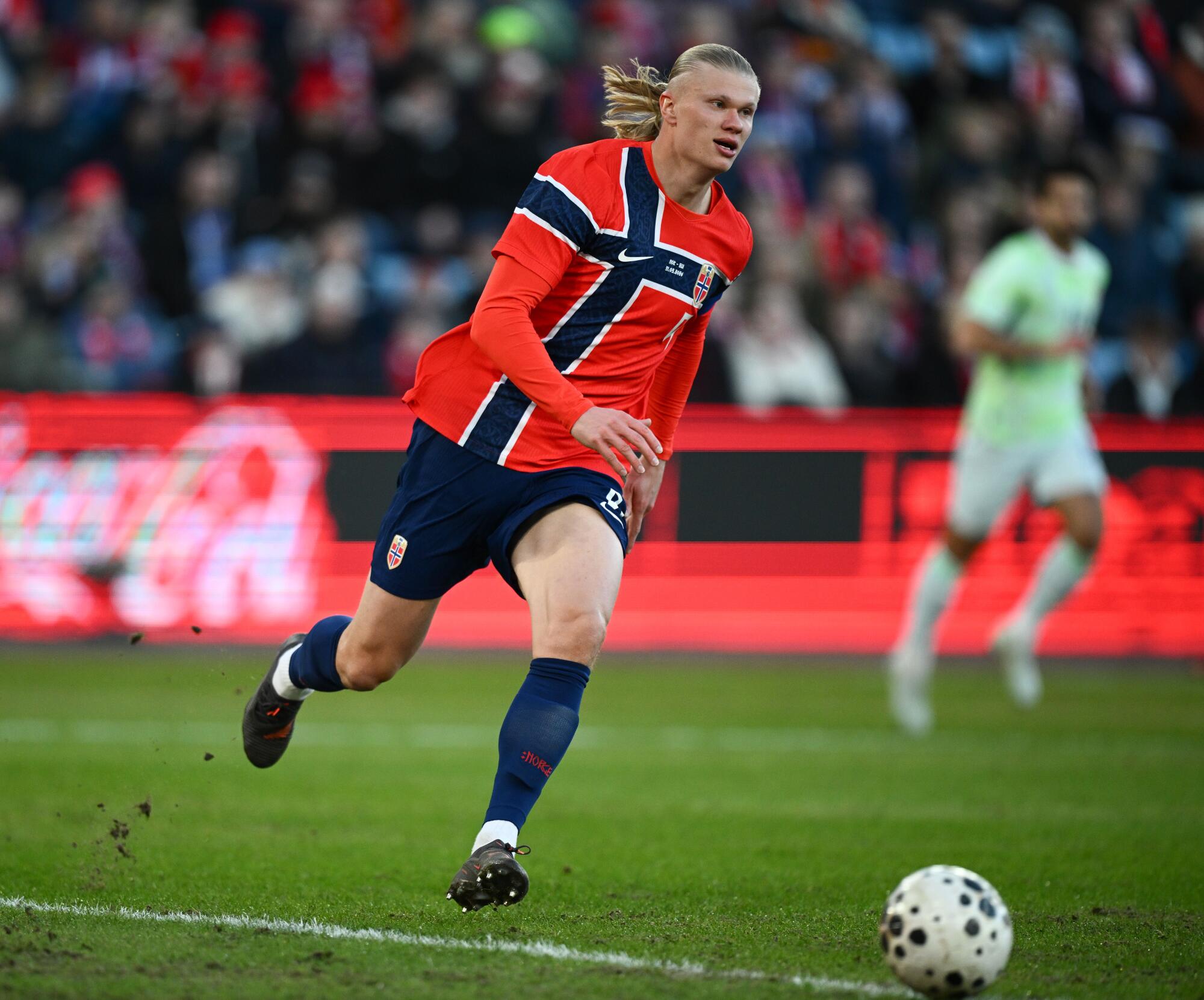 Erling Haaland of Norway controls the ball during an international friendly match against Switzerland.