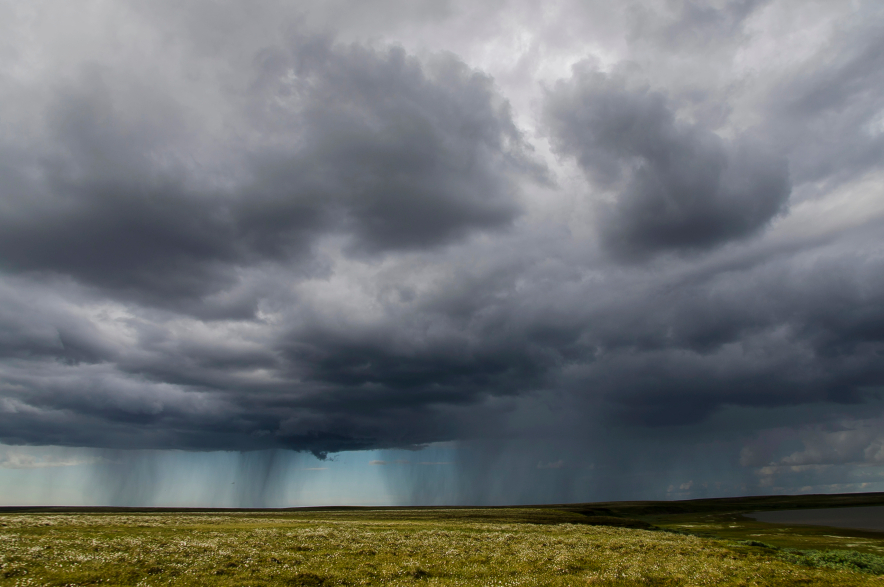 A rainstorm moving over the prairies.