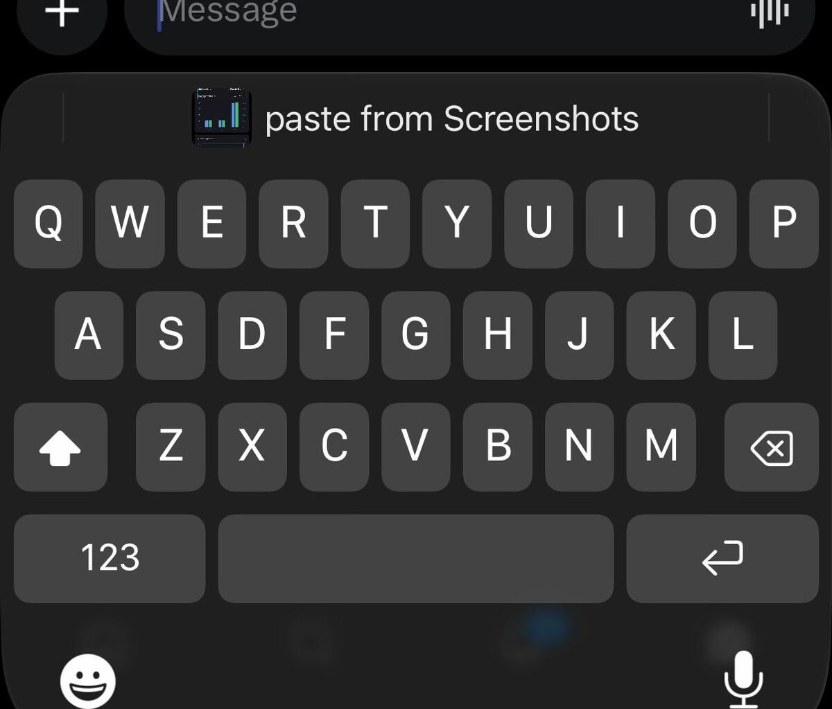 On-screen dark-mode iPhone keyboard with a message field reading 'paste from Screenshots' above the keys.