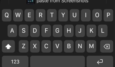 On-screen dark-mode iPhone keyboard with a message field reading 'paste from Screenshots' above the keys.