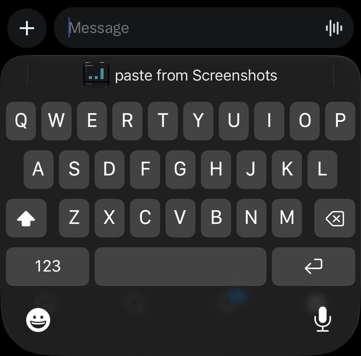 ios 27 | iPhone in Canada On-screen dark-mode iPhone keyboard with a message field reading 'paste from Screenshots' above the keys.