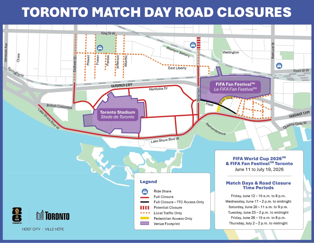 A map of road closures around the World Cup sites in downtown Toronto