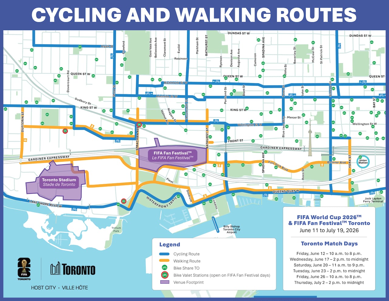 A map for cycling and walking routes to Toronto's World Cup venues