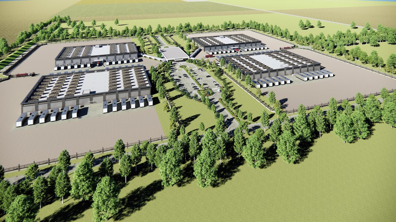 A colour rendering of a set of large, single-story buildings with no windows, surrounded by trees.