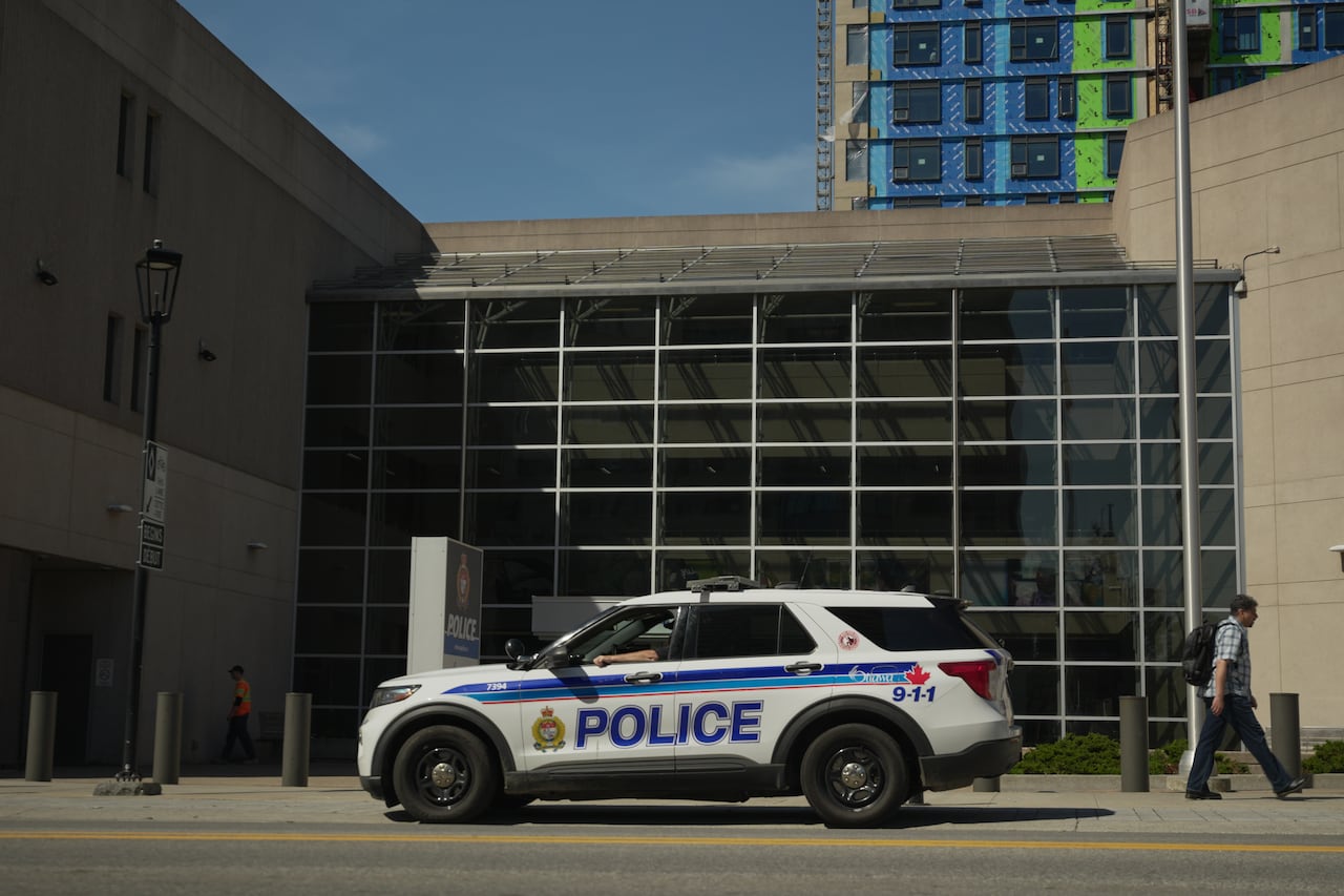police car parked outside police station