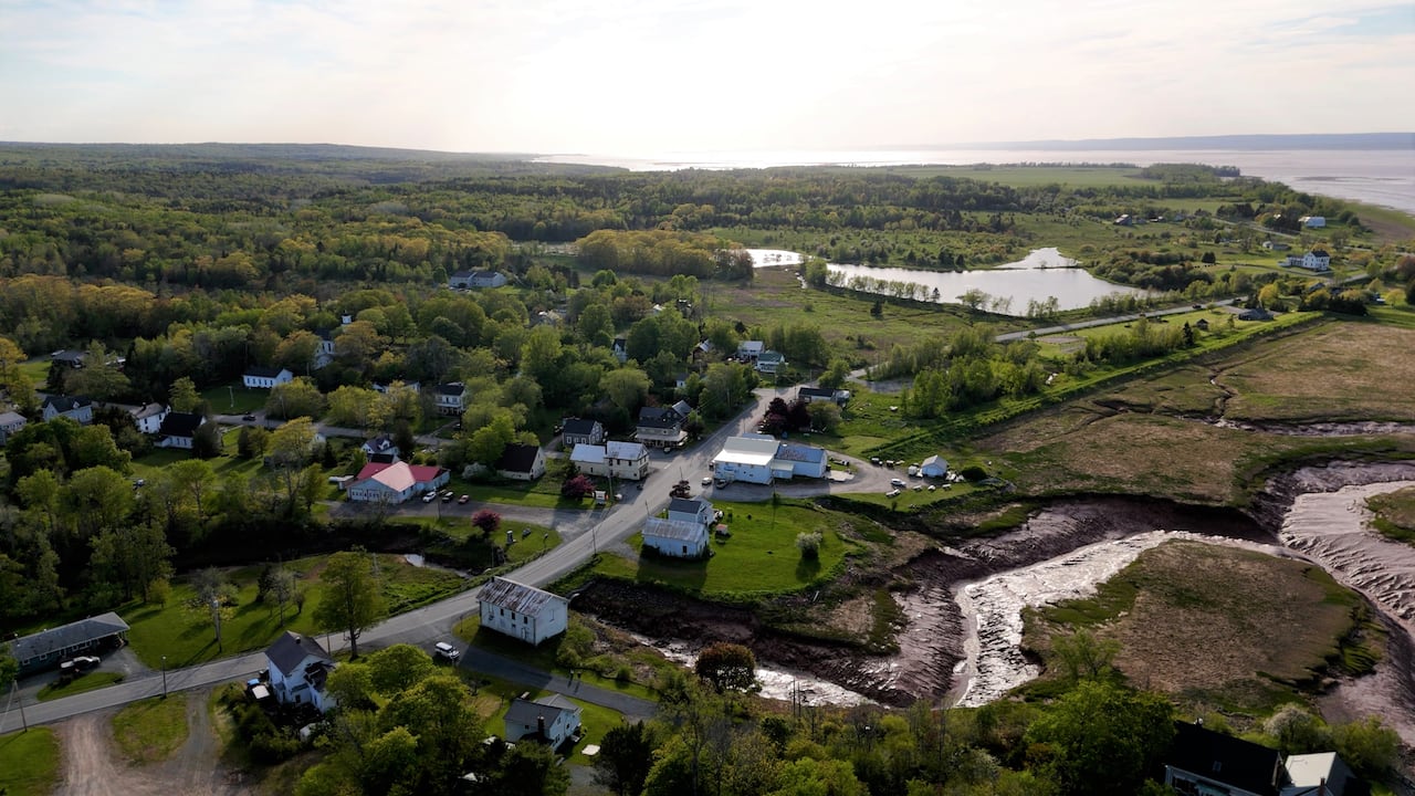 drone shot of rural town.