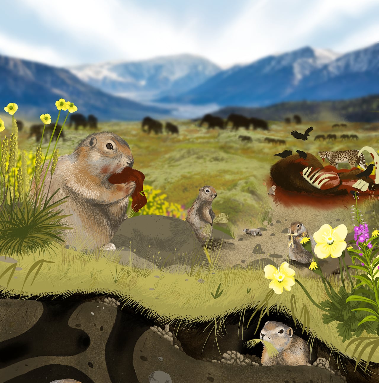 Drawing of ground squirrels with mammoths in the background