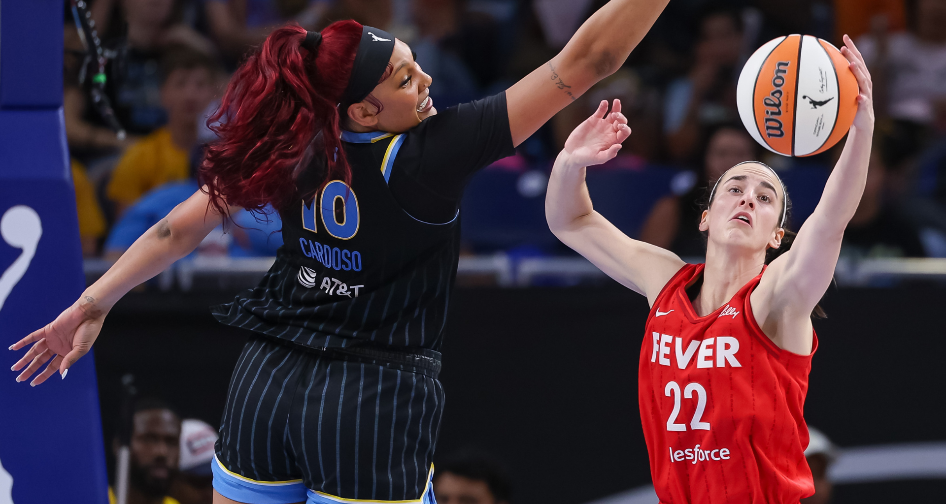 Kamilla Cardoso of the Chicago Sky and Caitlin Clark of the Indiana Fever