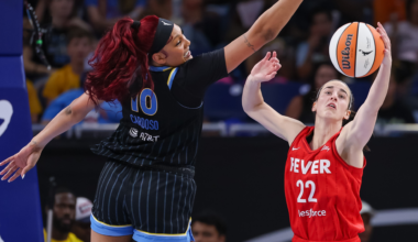 Kamilla Cardoso of the Chicago Sky and Caitlin Clark of the Indiana Fever
