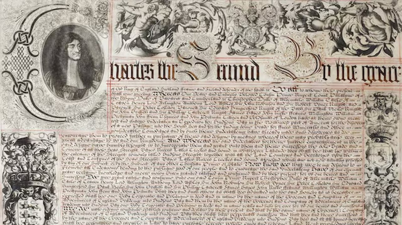 An old document has an image of the head and shoulders of a person with long hair at the top left and lengthy old-fashioned text. The borders are illustrated.