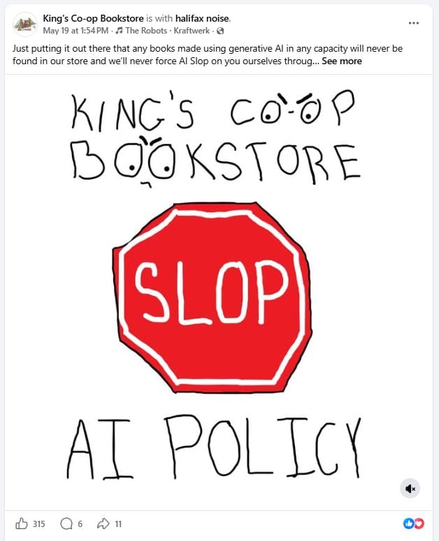 A Facebook post that reads "King's Co-op Bookstore AI Policy." In the middle there is a stop sign that says slop instead of slop.