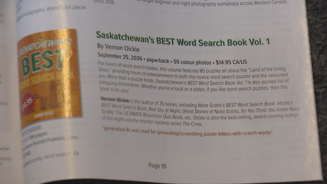 An entry in a book catalogue for a word search book includes a notice that artificial intelligence was used to generate some puzzles.