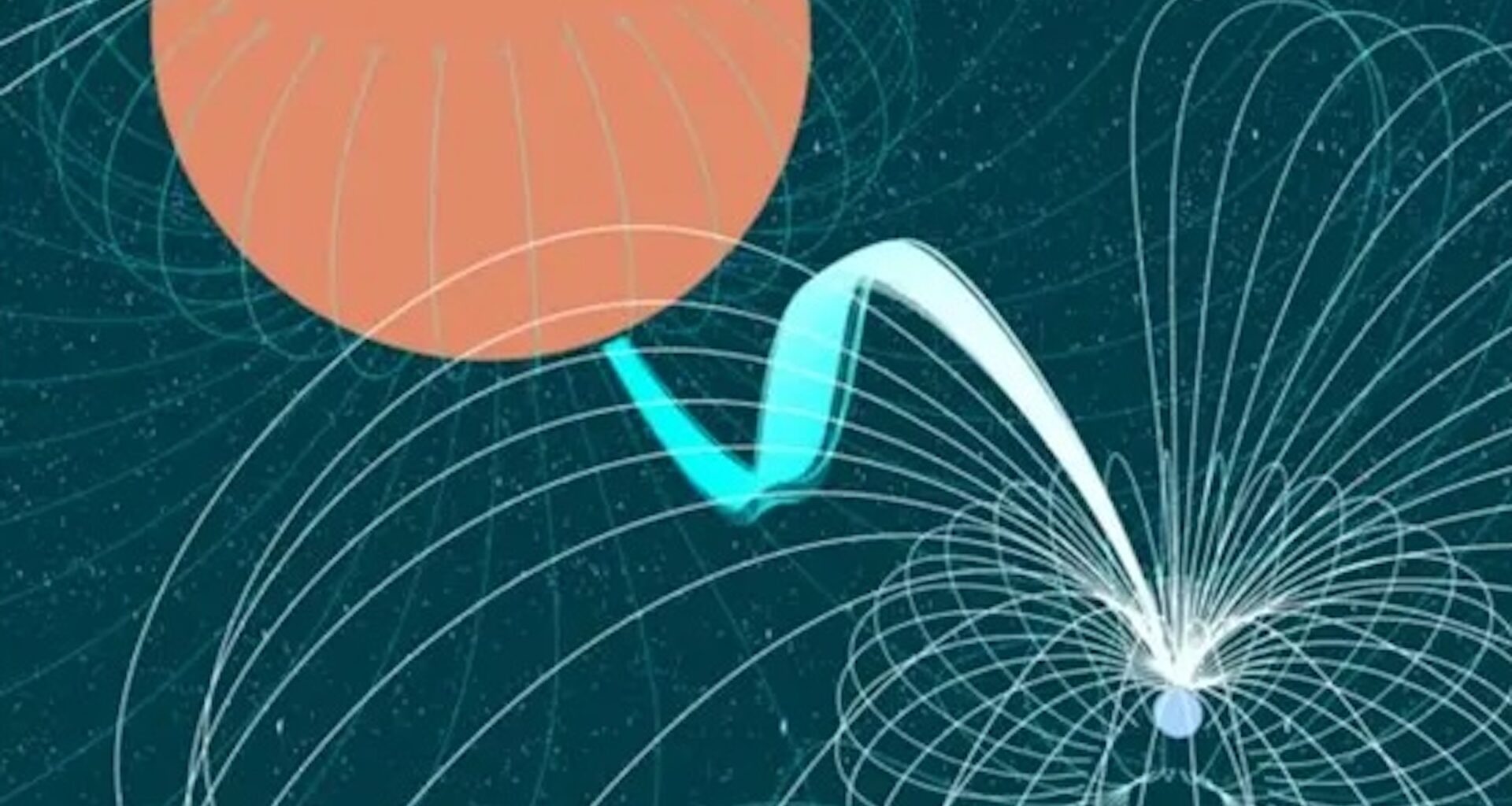 An illustration depicting a planet with magnetic field lines and solar interactions in a starry background.