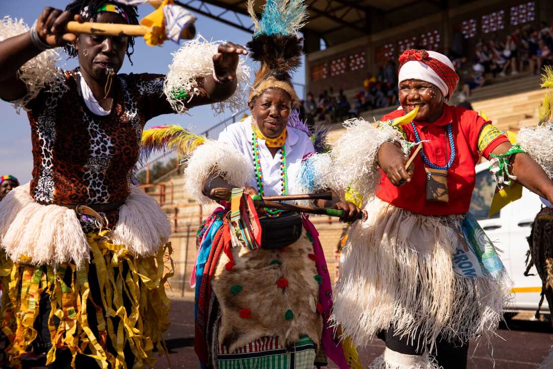 Dancers in traditional dress accompanied the South Africa's Mbombela team at the opening ceremony of the grannies tournament, which involved a 15-minute walk from Mama Beka’s home in Nkowankowa to the stadium.