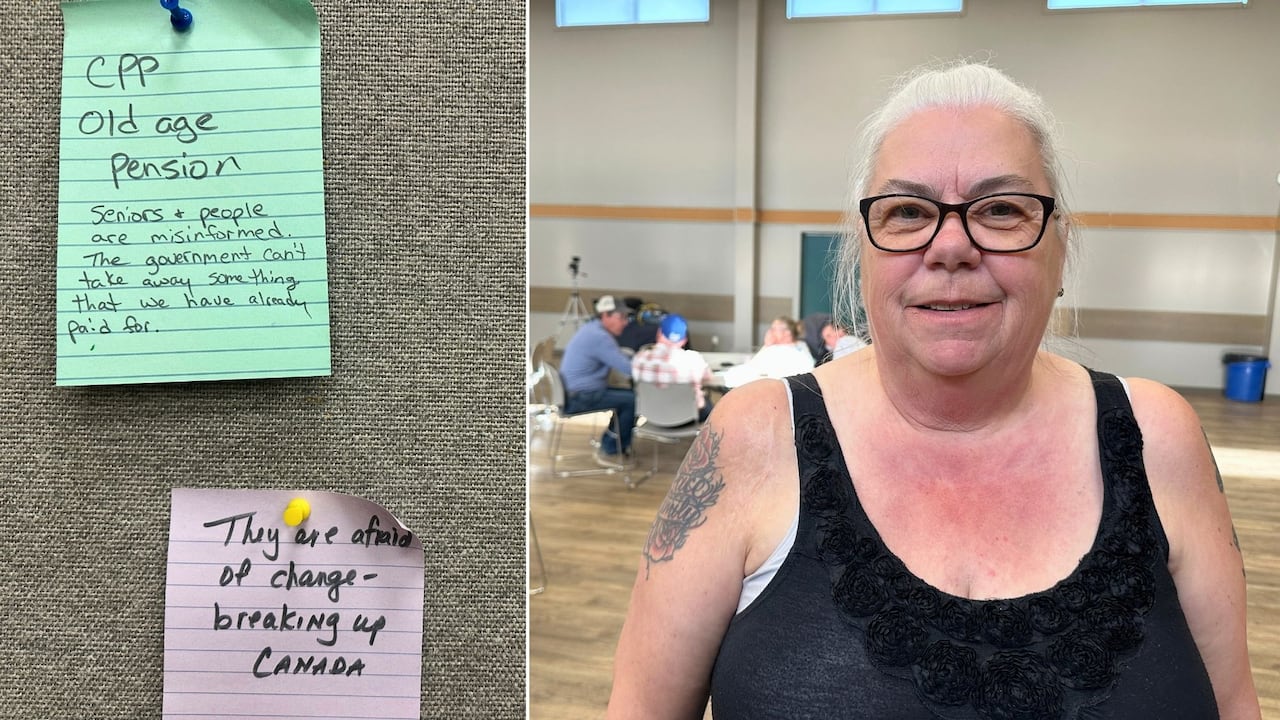 A woman stands in a community hall. In a separate photo, a hand-written note reads "CPP old age pension. Seniors and people are misinformed."