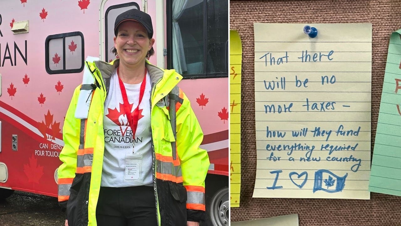 A woman stands in front of a bus that's be decorated with maple leaves. Beside her, in another photo, is a note that reads: that there will be no more taxes. How will they fund everything required for a new country?