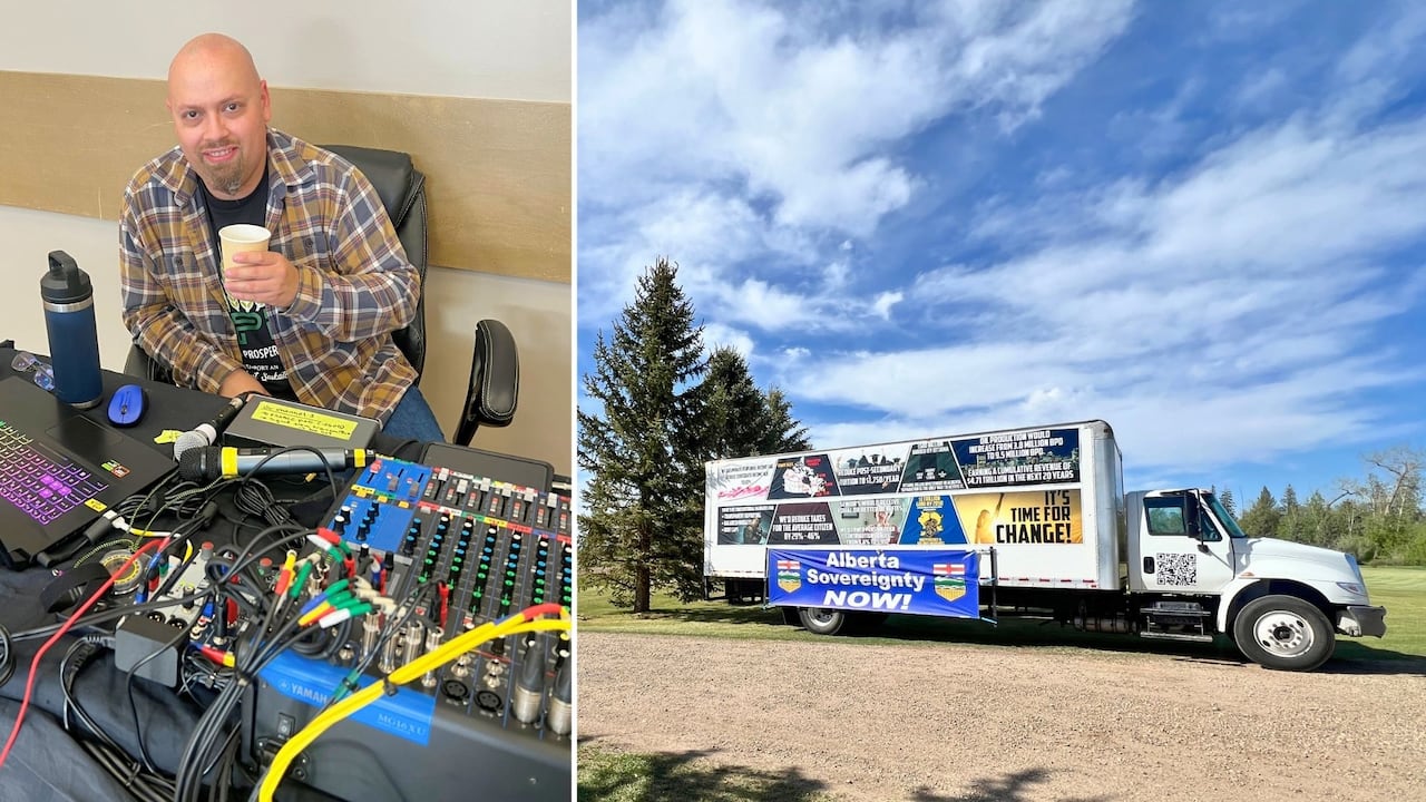 A man sits behind a sound board. In a second photo, a trust with signs about separatism sits at the entrance to the community hall driveway.