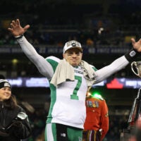 Nov 16, 2025; Winnipeg, Manitoba, Canada; Saskatchewan Roughriders quarterback Trevor Harris (7) is awarded the most valuable player award after the win against the Montreal Alouettes during the 112th Grey Cup Championship at Princess Auto Stadium.