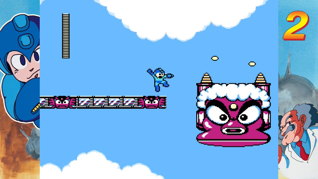 Video game screenshot of an 8-bit blue robot jumping in the air.