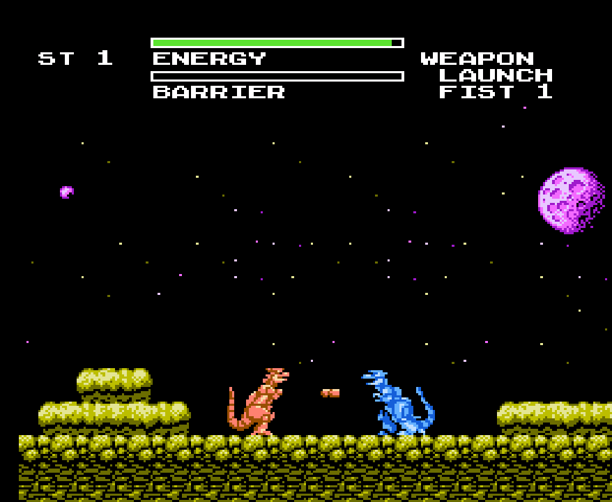 video game screenshot of two dinosaurs facing off against each other on a rocky landscape.