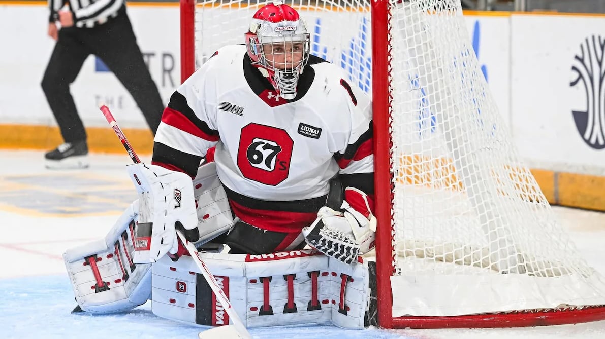 A hockey goaltender goes down on one knee to watch the play during a game.