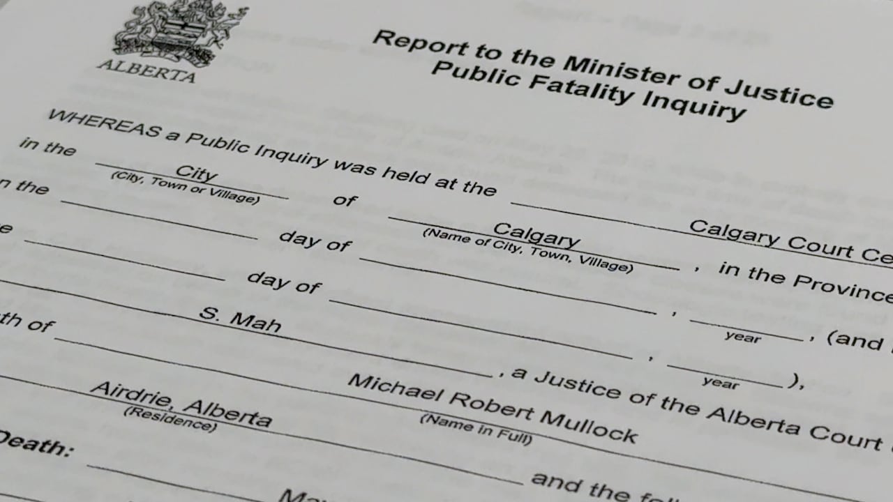 An image of the fatality inquiry report into the death of Michael Mullock, who died in RCMP custody in Airdrie, Alta.
